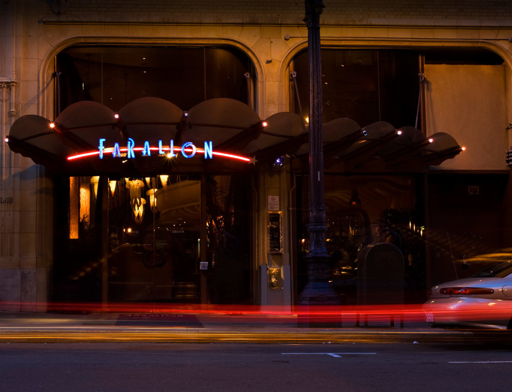 The illuminated Farallon marquee on Post Street, San Francisco, at night