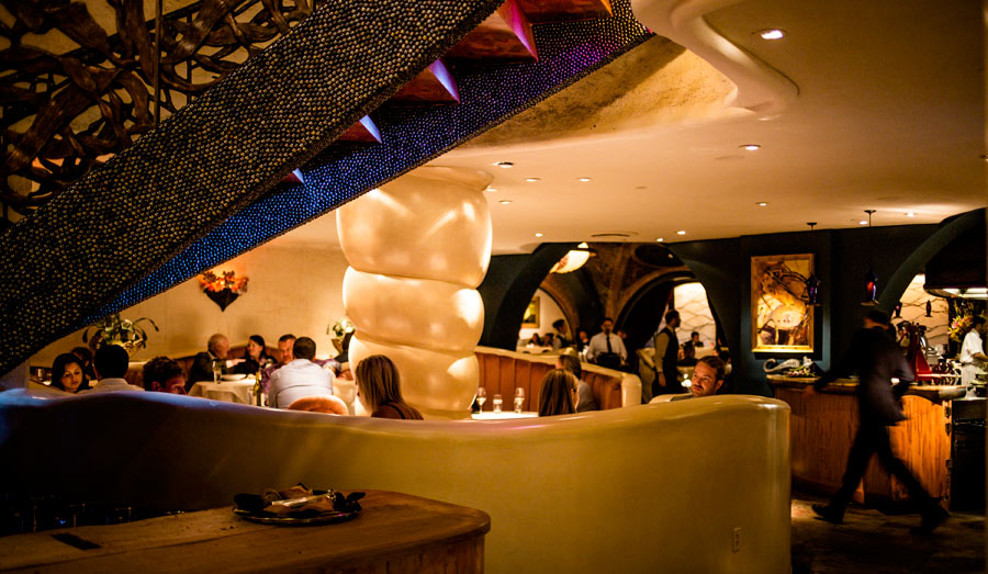 A curved banquette in the Jellyfish Lounge