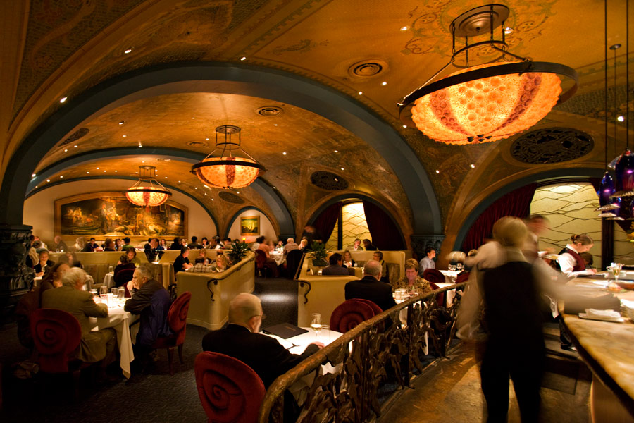 The Pool Room dining room beneath its arched, hand-painted ceiling