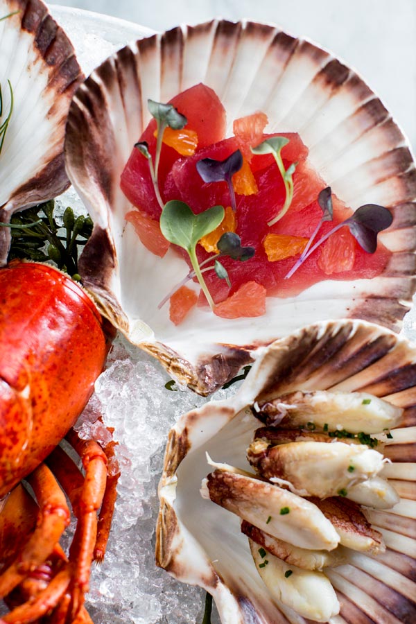 A Fruits de Mer platter of lobster, crab and oysters on crushed ice